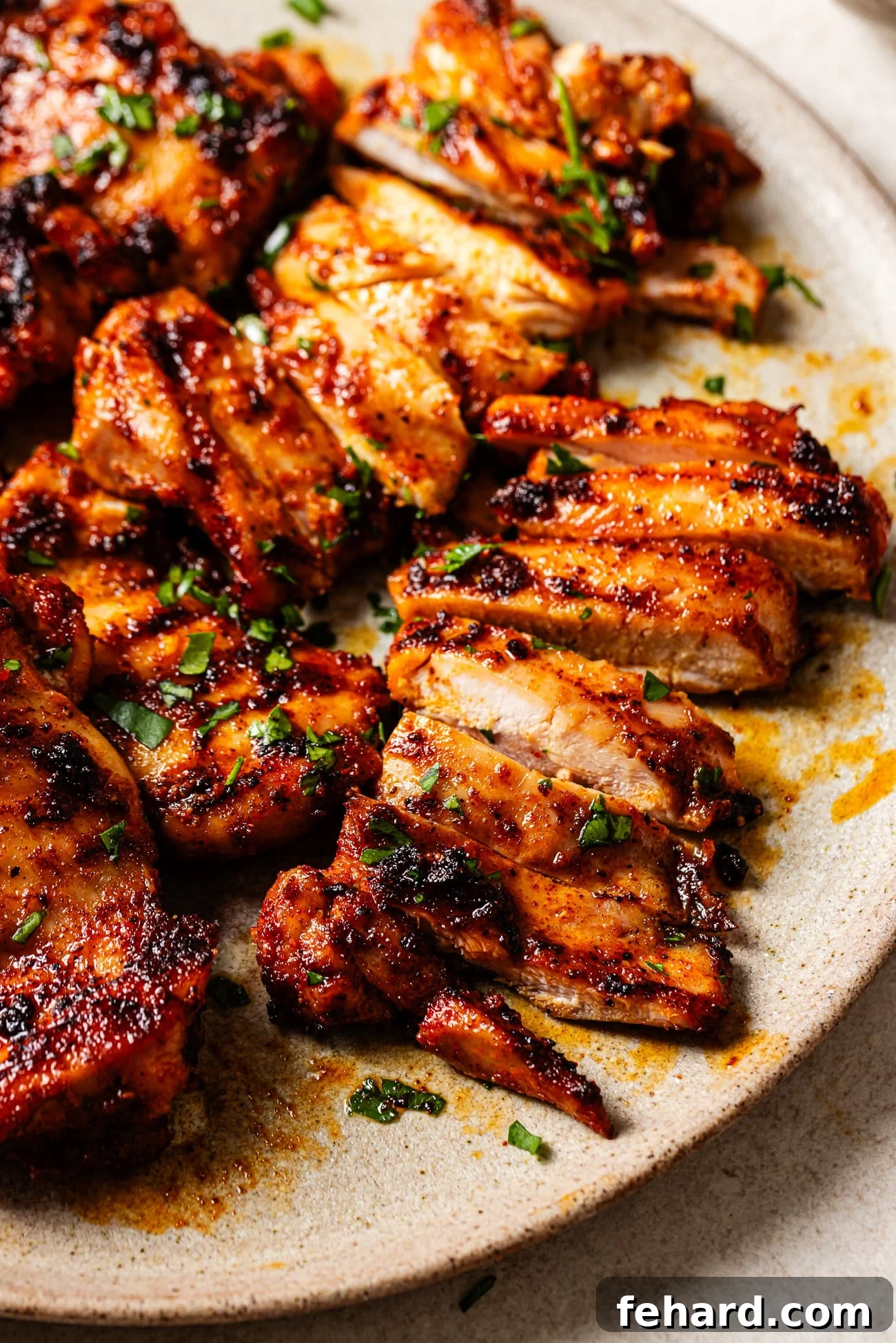 Close-up view of perfectly grilled chicken thighs with a smoky char and golden-brown seasoning