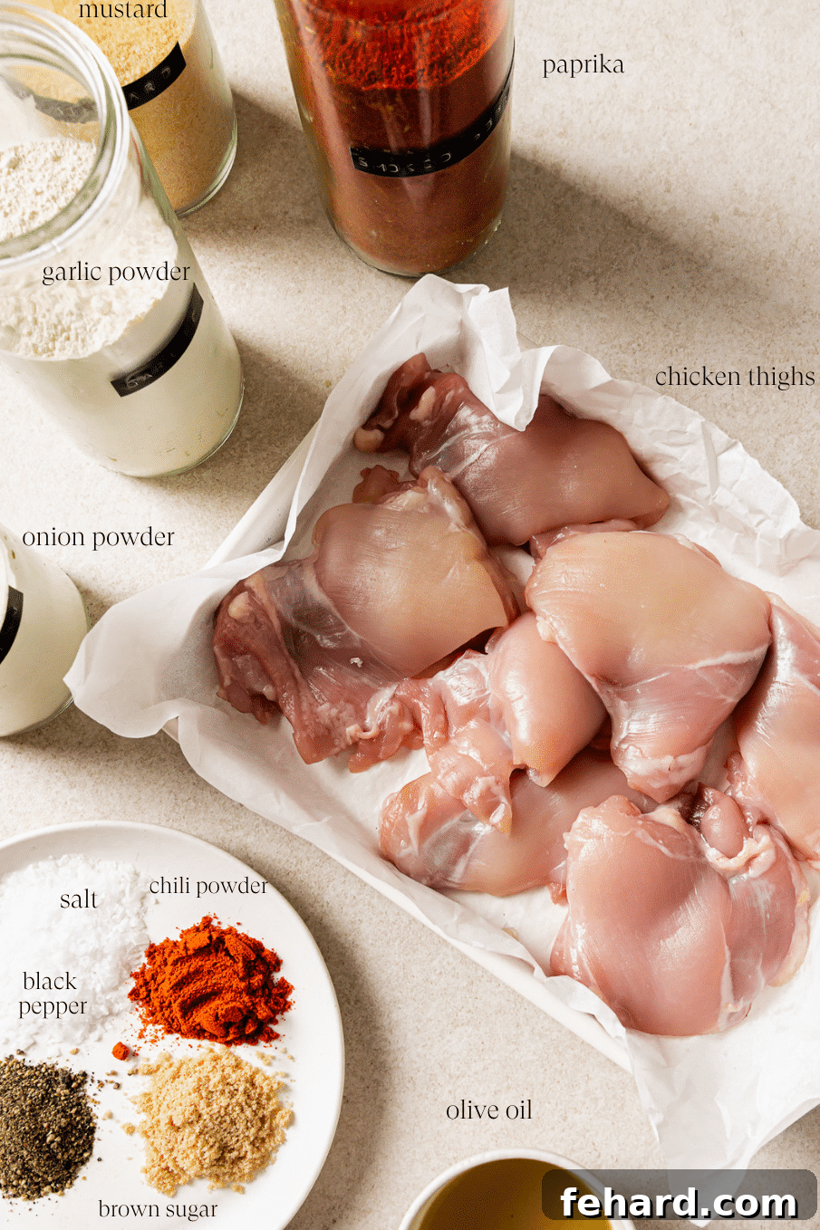 Collection of fresh ingredients for grilled chicken thighs laid out on a kitchen countertop