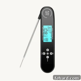 Closeup photo of a digital instant-read meat thermometer