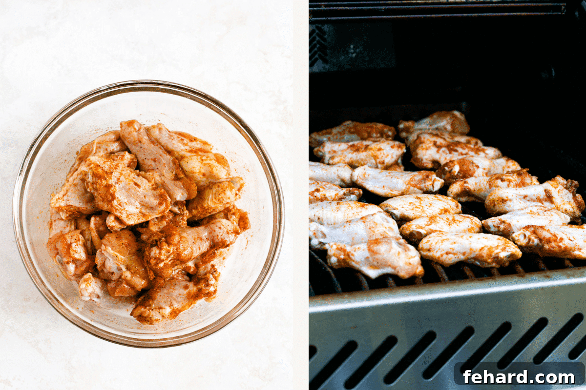 Raw chicken wings in a clear bowl next to chicken wings cooking on a grill with visible char marks
