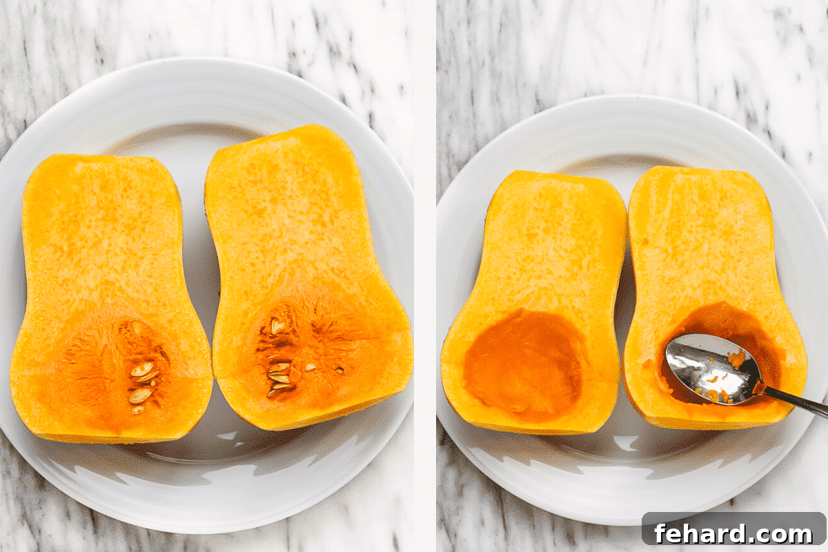 On the left, a whole butternut squash halved lengthwise. On the right, a spoon is scooping seeds out of one of the squash halves.