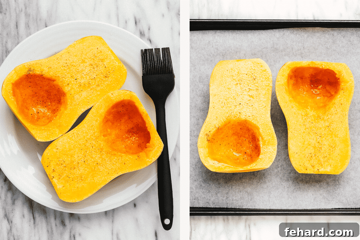 On the left, butternut squash halves brushed with olive oil and seasoned. On the right, these halves are placed on a parchment-lined baking sheet, ready for roasting.