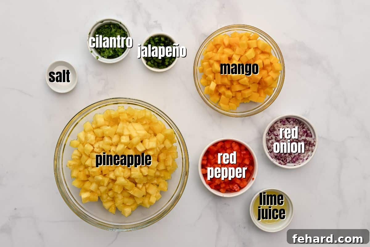 A beautifully composed flat lay showing all the fresh, colorful ingredients for pineapple mango salsa arranged in individual bowls: diced pineapple, ripe mango, finely chopped red bell pepper, minced red onion, a whole jalapeño, fresh cilantro leaves, and sliced limes.