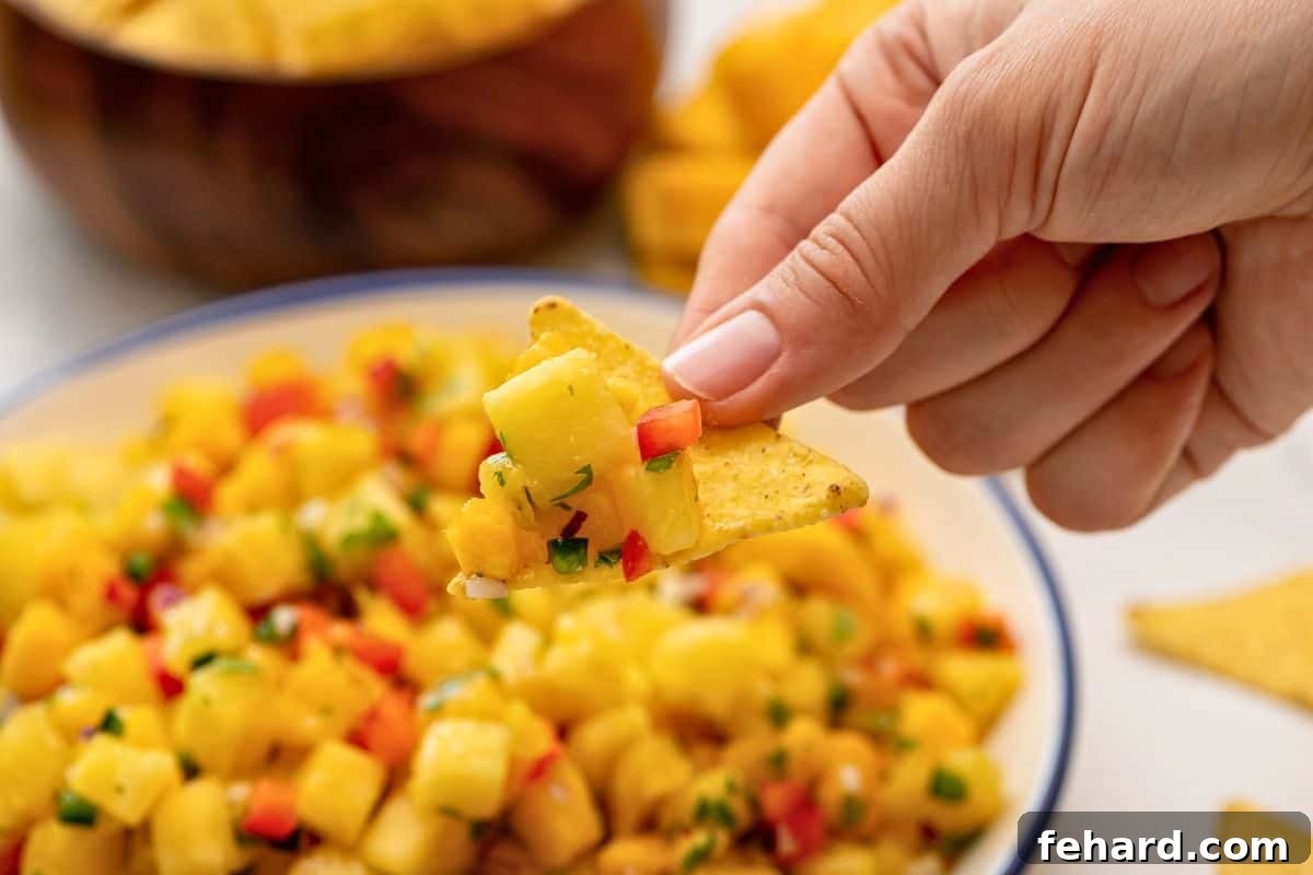 A crispy, golden tortilla chip perfectly scooping a generous portion of the colorful and fresh pineapple mango salsa from a rustic ceramic serving dish, highlighting its chunky texture.