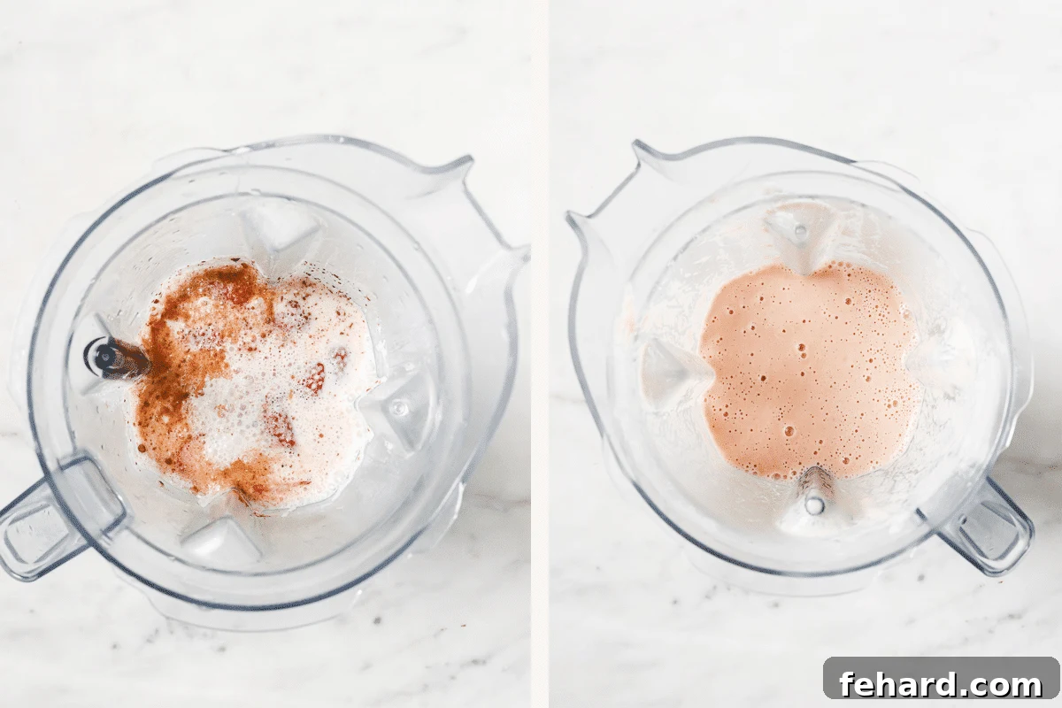 Left: smoothie ingredients in a blender. Right: smoothie blended together.