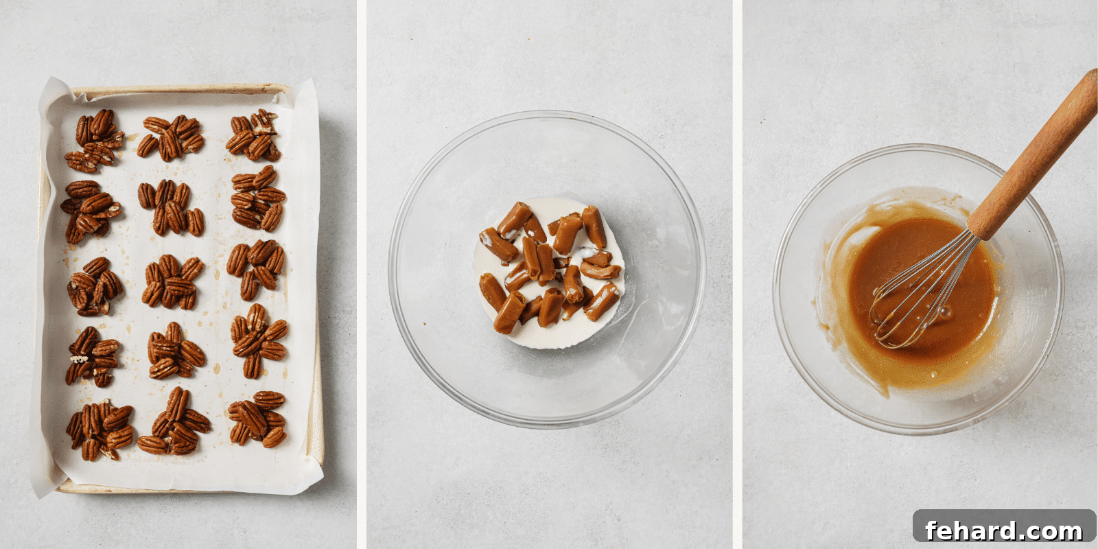 Irresistible Turtle Clusters 4 Left: pecan clusters arranged on a baking sheet. Center: caramel candy and heavy cream in a bowl. Right: melted and smooth caramel sauce.