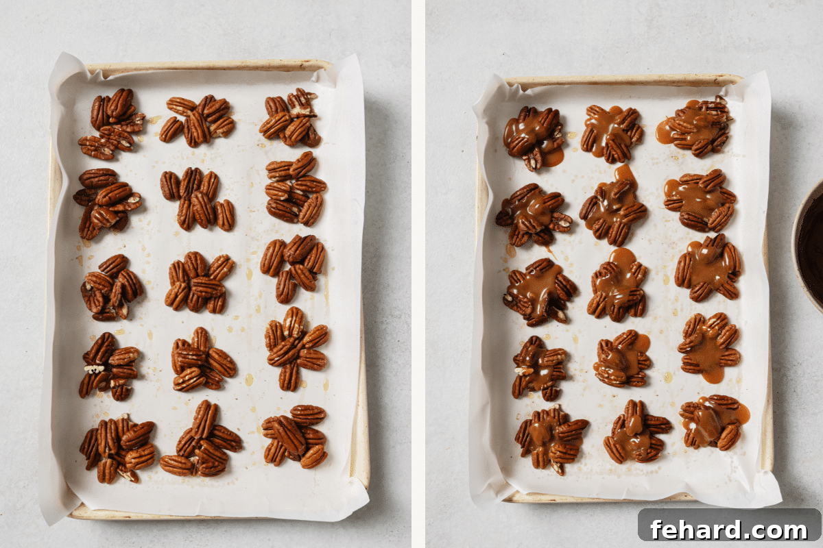 Irresistible Turtle Clusters 5 Left: Pecans clusters on a baking sheet. Right: Caramel expertly added to each pecan cluster.