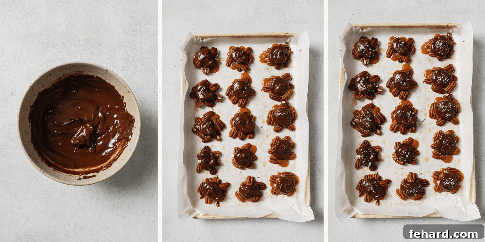 Irresistible Turtle Clusters 6 Left: perfectly melted chocolate. Center: Chocolate added to the caramel and pecan clusters. Right: Coarse salt sprinkled on top of the chocolate turtles.