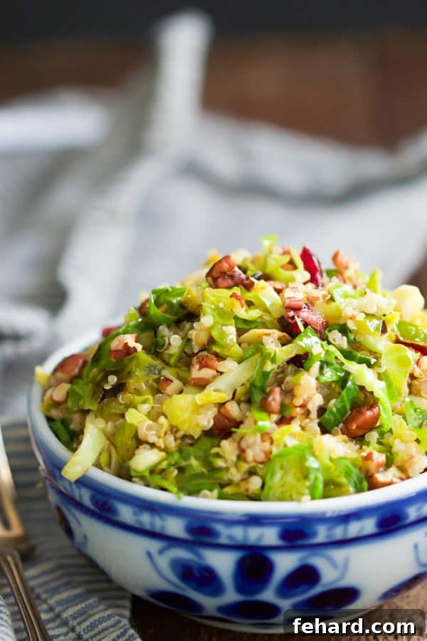 Warm Quinoa Brussels Sprouts Salad with sautéed Brussels sprouts, dried cranberries, chopped pecans, and a zesty orange vinaigrette