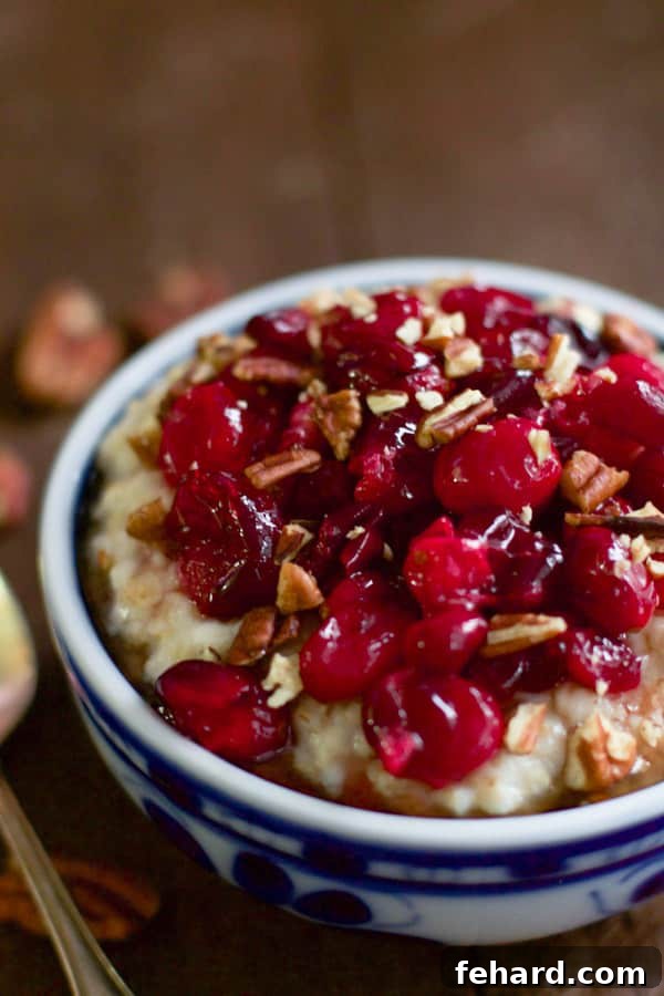 Close-up of Maple Roasted Cranberry Oatmeal with pecans, ready for a festive Christmas breakfast.
