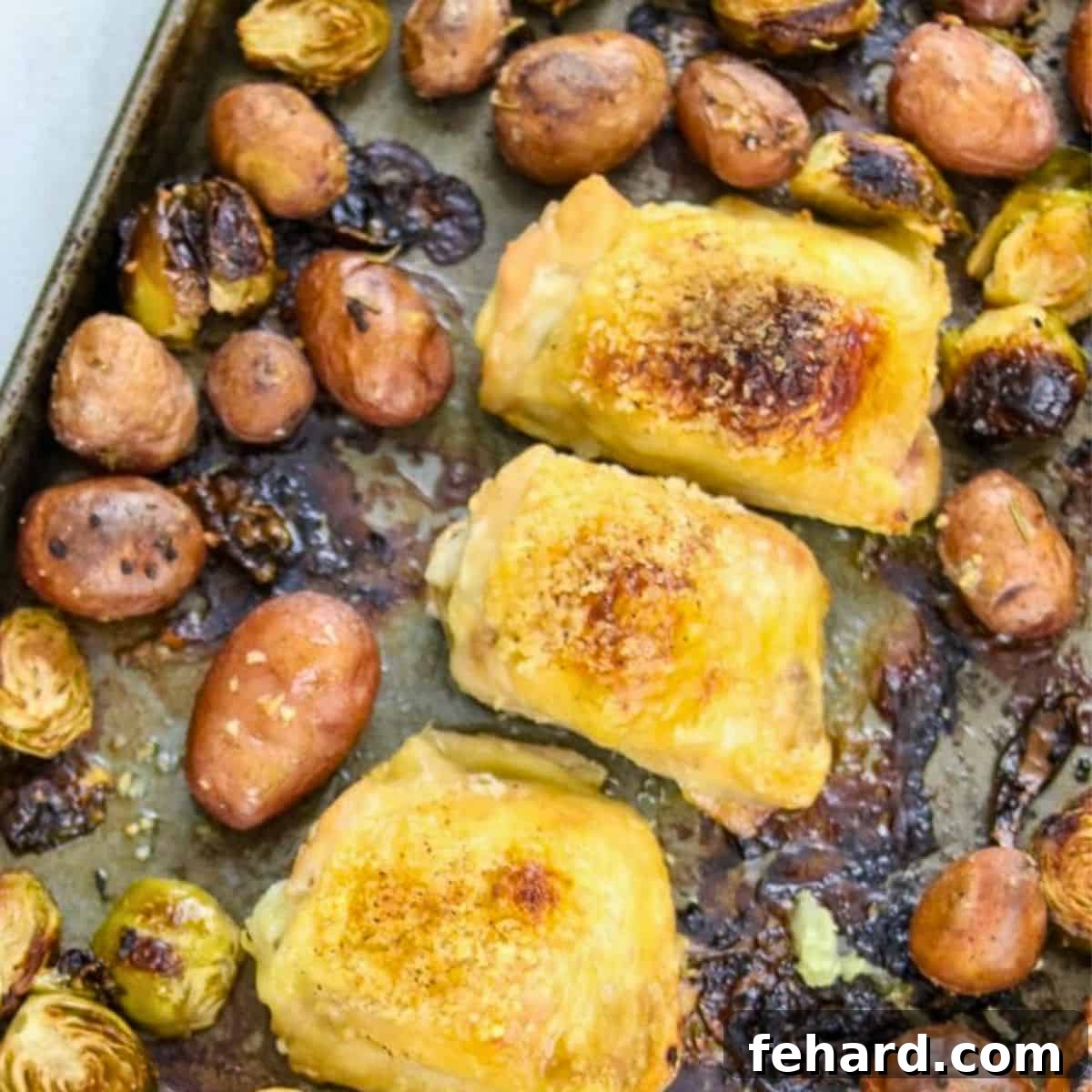 A sheet pan loaded with perfectly roasted chicken thighs, tender potatoes, and vibrant Brussels sprouts, embodying easy recipe convenience.