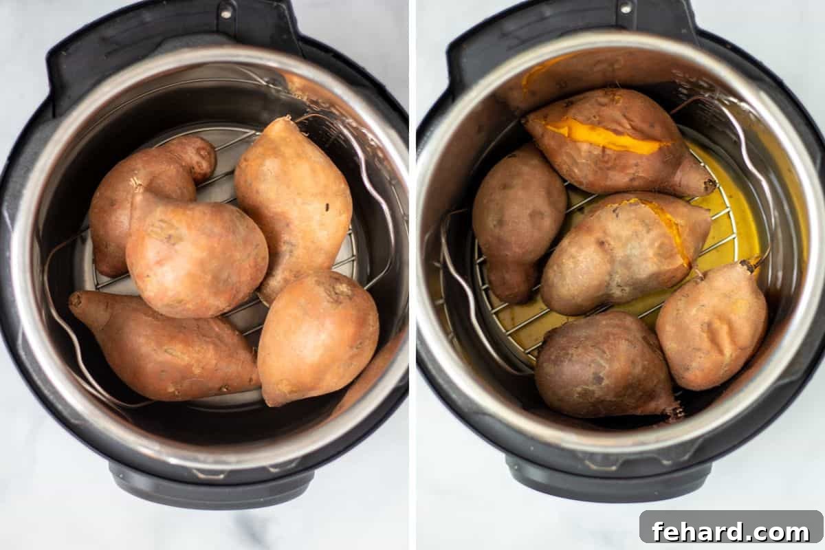 Velvety Homemade Sweet Potato Puree 4 Side-by-side comparison: Instant Pot with uncooked sweet potatoes on a trivet and cooked, softened sweet potatoes inside the pot.