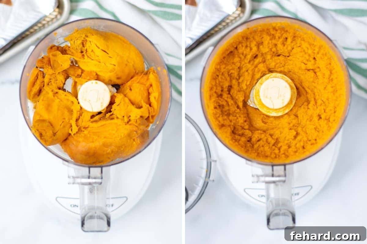 Velvety Homemade Sweet Potato Puree 5 Side-by-side photo illustrating sweet potato chunks in a food processor before blending and then a smooth, creamy sweet potato puree after processing.