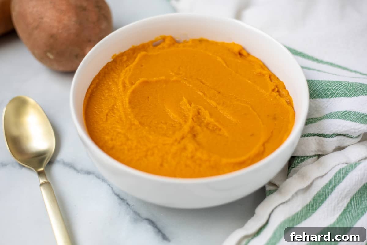 Velvety Homemade Sweet Potato Puree 6 A serving of homemade sweet potato puree in a white bowl, accompanied by a matte spoon, perfect for baby food.