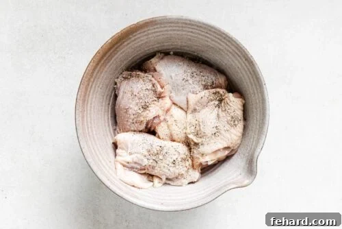 Seasoned chicken thighs inside of a bowl, ready for marinating.