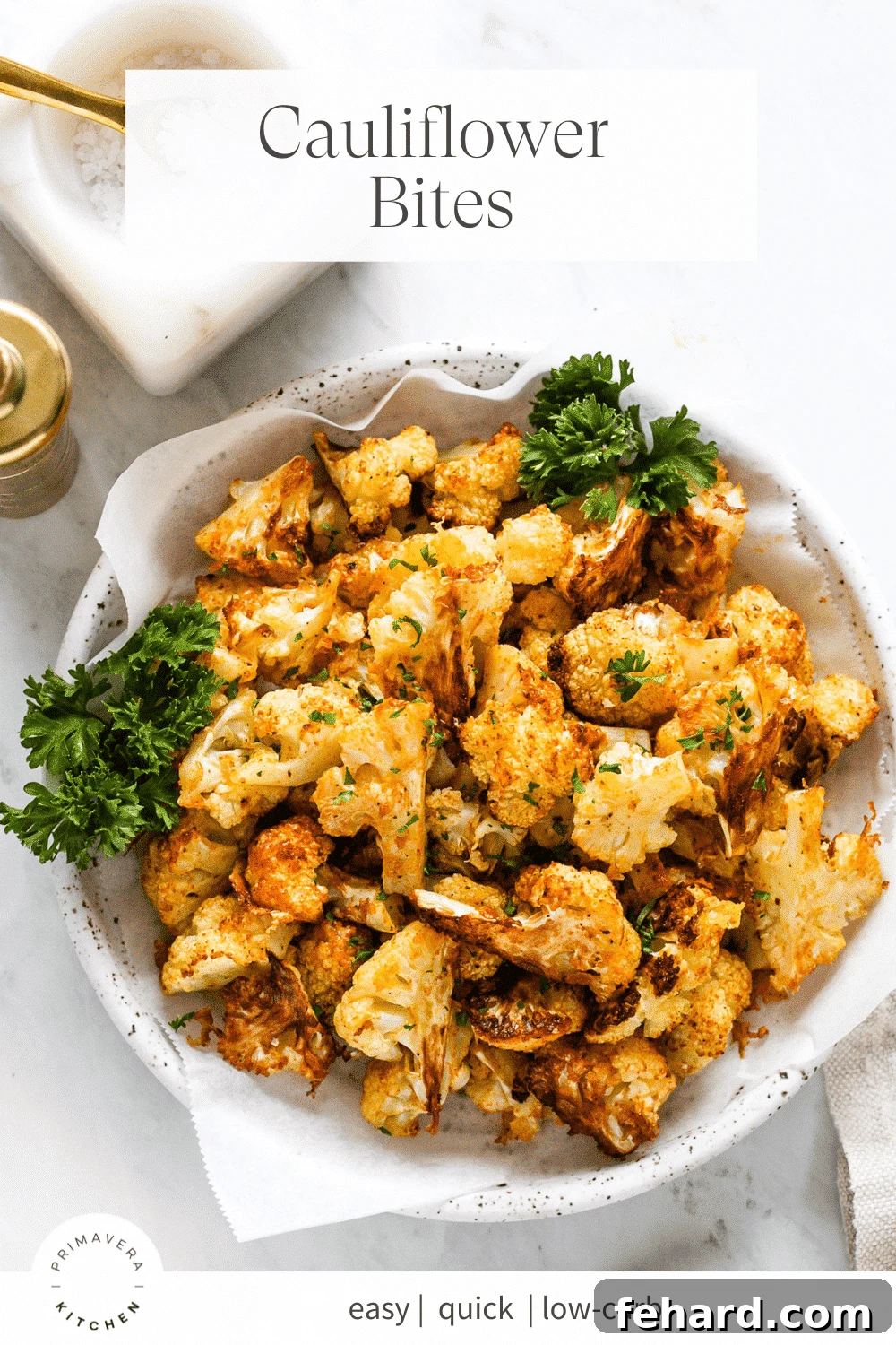 Crispy Cauliflower Poppers 8 Photo collage featuring a close-up of crispy cauliflower bites on a plate, raw cauliflower florets in a bowl, and the final roasted cauliflower on a baking sheet, all titled 'Cauliflower Bites'.