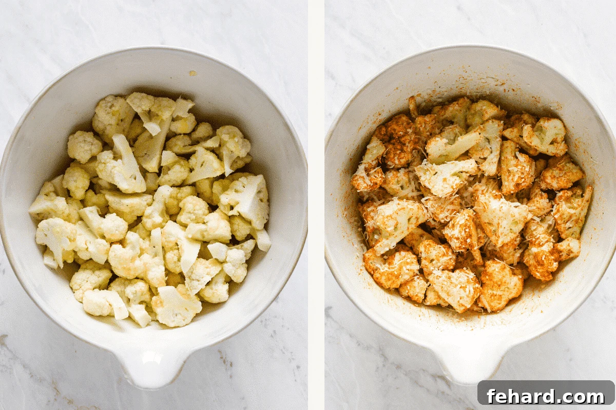 Crispy Cauliflower Poppers 4 A two-part image showing cauliflower florets being tossed with melted butter and then mixed with Parmesan cheese and spices in a large bowl.