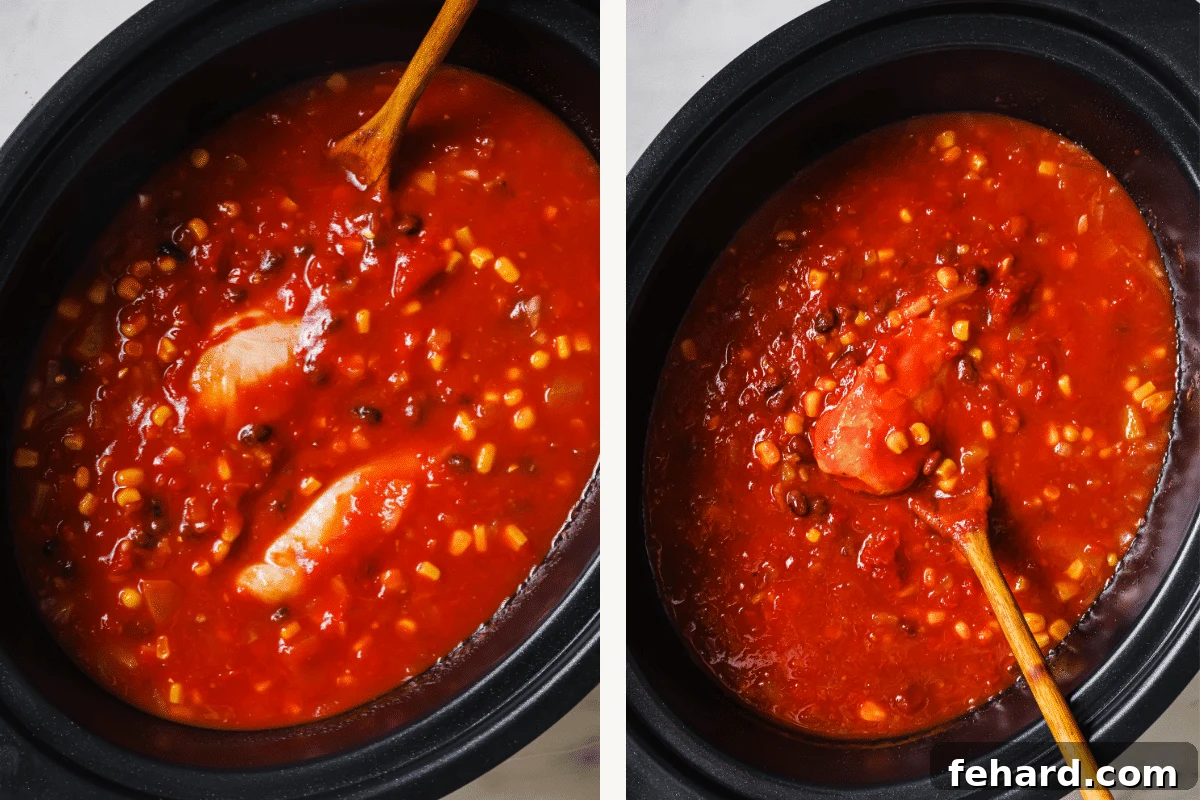 Left: Chicken chili ingredients added to slow cooker. Right: Ingredients stirred together.