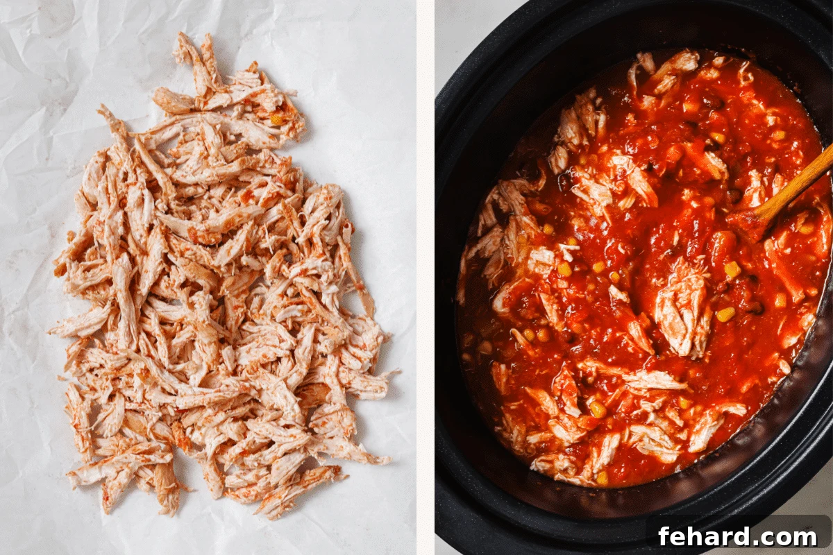 Left: shredded chicken. Right: shredded chicken added to slow cooker.
