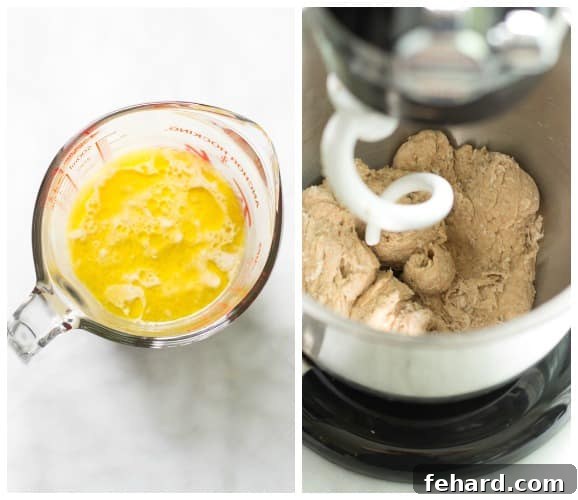 Step-by-step photos showing water, sugar, oil, and yeast combined, and dough mixing in a stand mixer