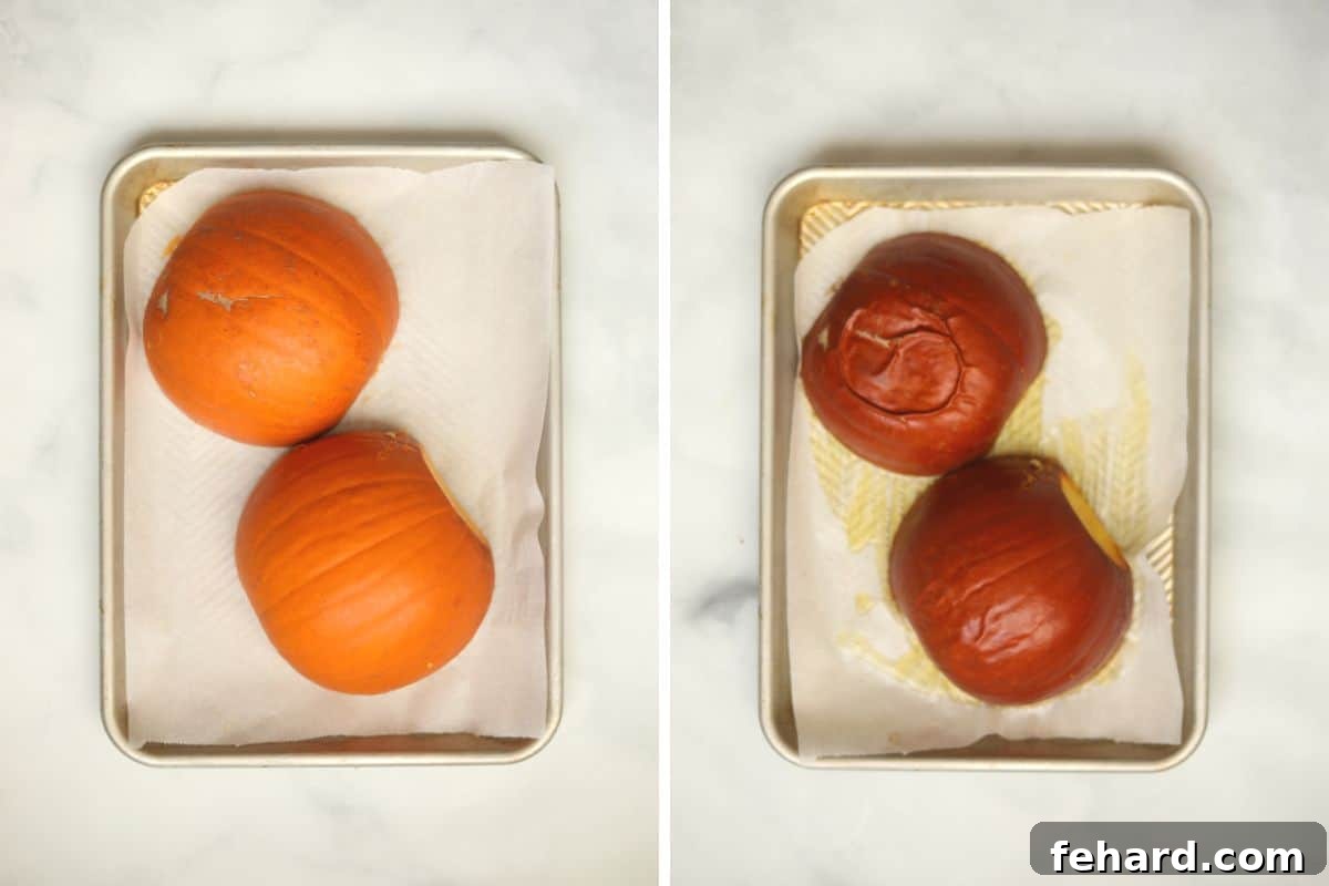 How to Make Pumpkin Puree From Scratch in the Oven Side by side picture of pie pumpkin halves on baking tray before and after baking, illustrating the transformation.