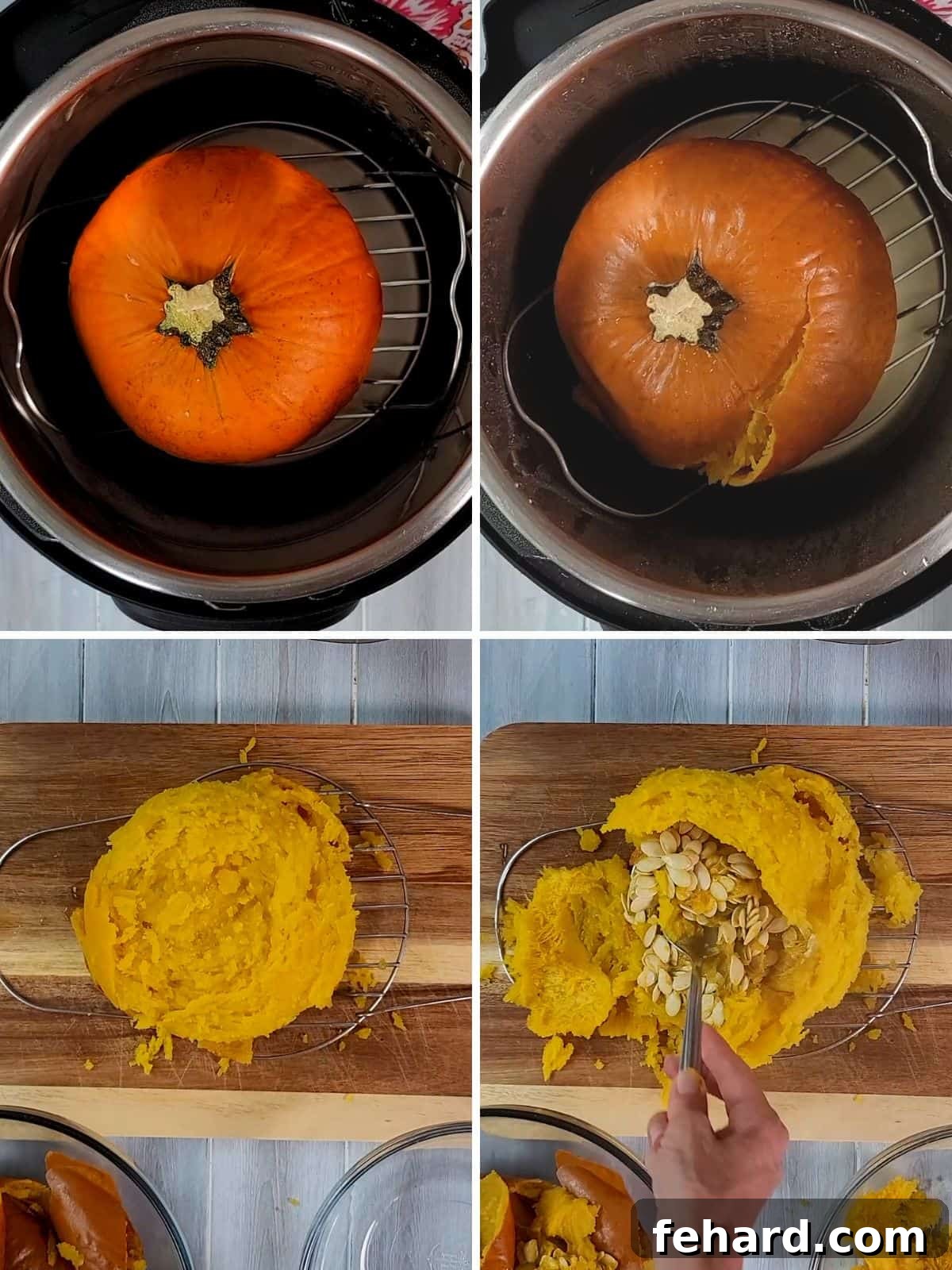 Instant Pot Pumpkin Puree: Fast & Easy Collage of 4 pictures showing steps for cooking pumpkin in instant pot and removing seeds, making it easy to follow.