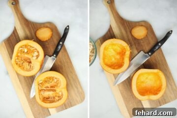 Whip Up Your Own Homemade Pumpkin Puree 3 Side by side photo showing cutting pumpkin in half and scooping out seeds.