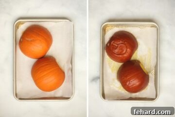 Whip Up Your Own Homemade Pumpkin Puree 4 Side by side picture of pie pumpkin halves on baking tray before and after baking.