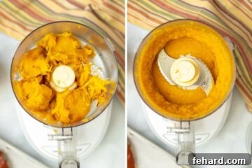 Whip Up Your Own Homemade Pumpkin Puree 5 Side by side photo of food processor before and after blending flesh of pumpkin.