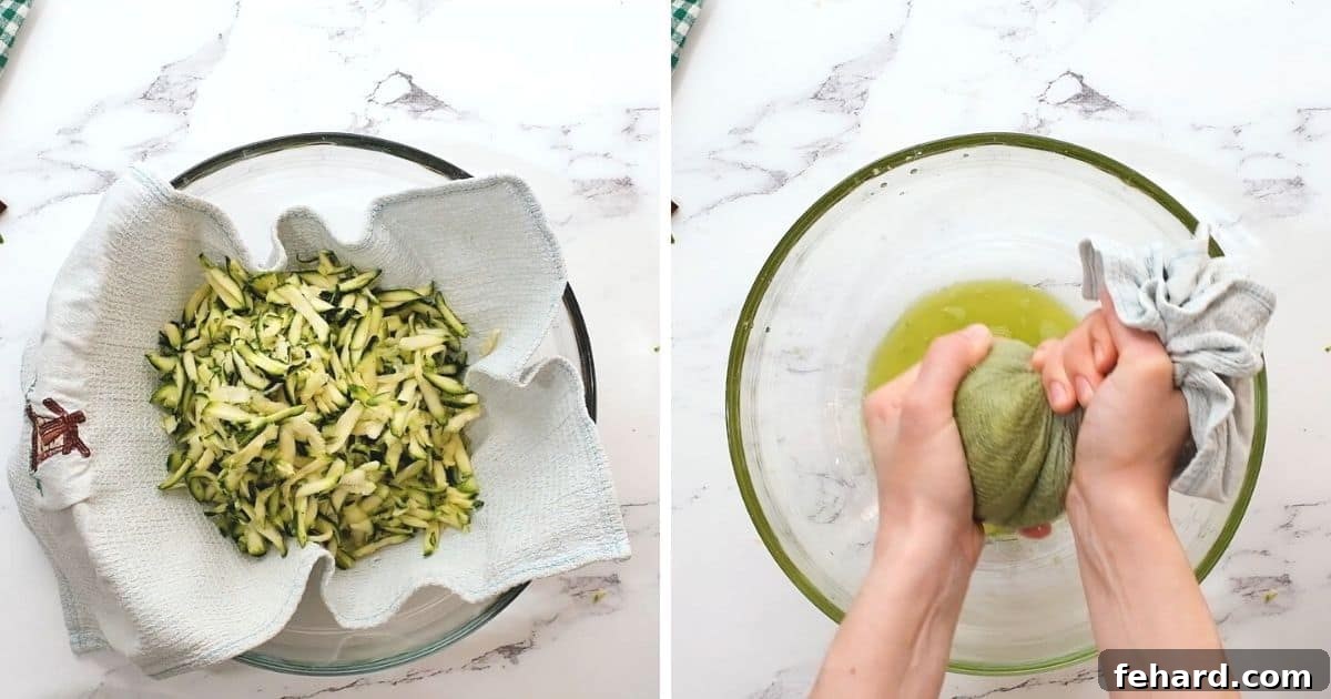 A two-panel collage image illustrating the zucchini preparation process: one panel shows freshly grated zucchini in a bowl, and the other shows hands expertly squeezing liquid from grated zucchini wrapped in a kitchen towel.
