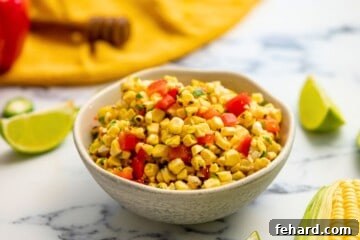 Sunshine Corn Salsa 8 Bowl of grilled corn salsa with red pepper and honey lime dressing.