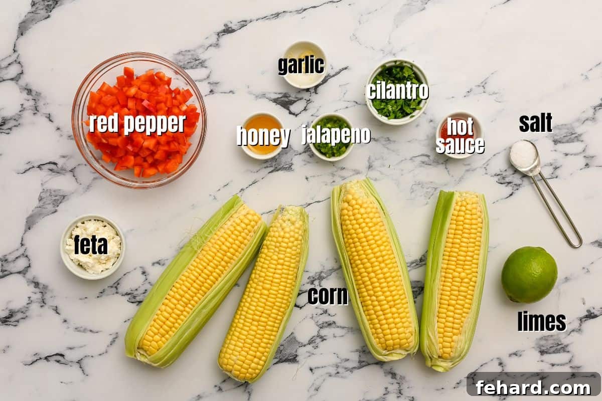 Corn Salsa Recipe Ingredients Organized display of fresh ingredients for corn salsa: corn on the cob, bell peppers, jalapeño, cilantro, lime, honey, and seasonings.