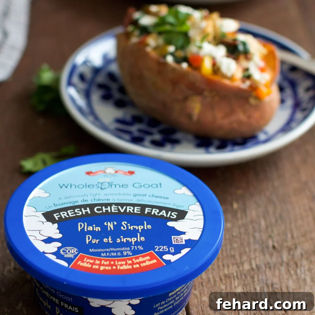 Goat Cheese Chicken Stuffed Sweet Potato Recipe Goat Cheese Chicken Stuffed Sweet Potato with a side of fresh herbs
