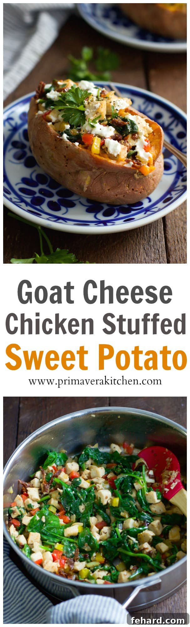 Goat Cheese Chicken Stuffed Sweet Potato Recipe Idea Overhead view of a prepared Goat Cheese Chicken Stuffed Sweet Potato