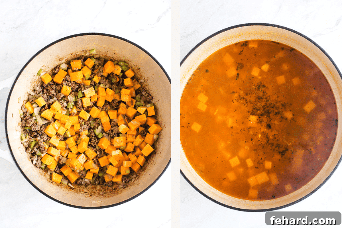 Wholesome White Bean and Kale Pot 5 Left: Butternut squash cubes added to the pot with other ingredients. Right: Chicken broth and seasonings poured into the pot, ready for simmering.