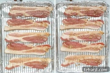 A side-by-side view showing bacon strips being brushed with maple glaze, then topped with chopped nuts, preparing them for baking.