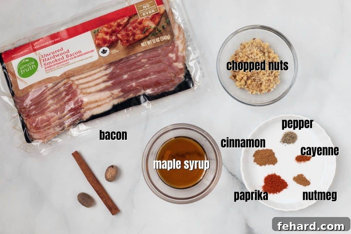 A visual display of the key ingredients for Candied Maple Bacon arranged on a kitchen counter, including thick-cut bacon, pure maple syrup, and a variety of warming spices.