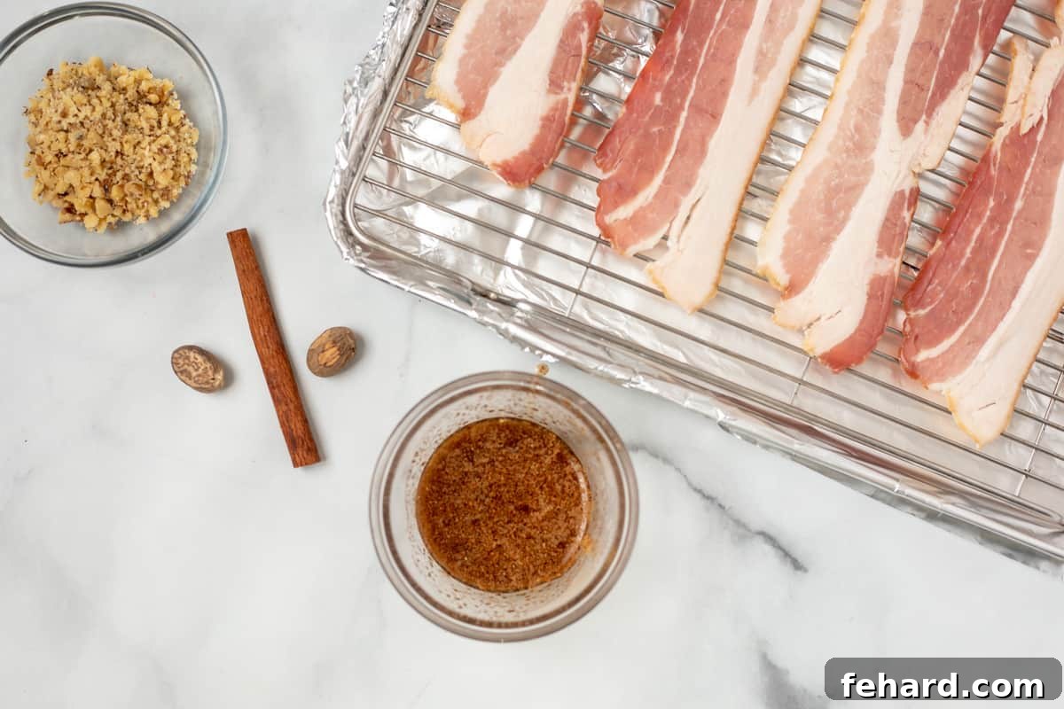 A small bowl containing the mixed maple and spice glaze sits next to strips of raw bacon arranged on a baking sheet, ready for brushing.