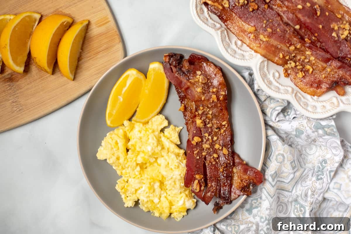 A serving of Candied Bacon artfully arranged on a plate with fluffy scrambled eggs and fresh orange slices, illustrating a perfect breakfast pairing.
