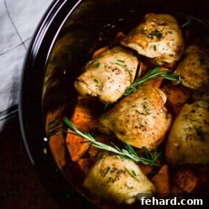 overhead view of chicken and sweet potatoes inside a crockpot