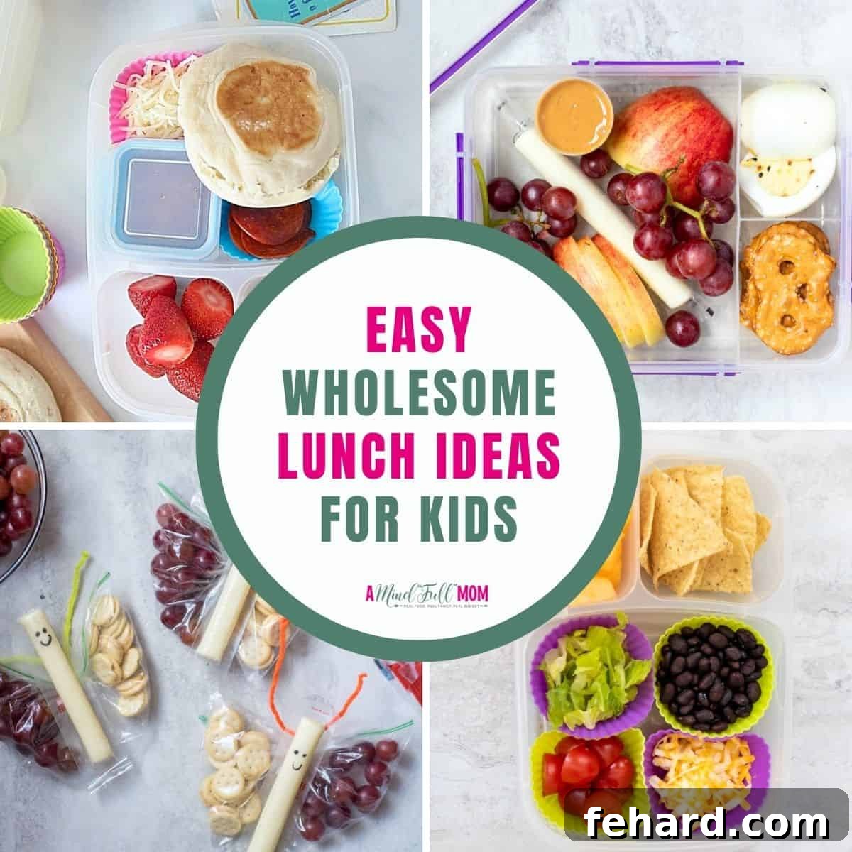 Collage of 4 lunches for school lunches with title text overlay that reads easy wholesome lunch ideas for kids.