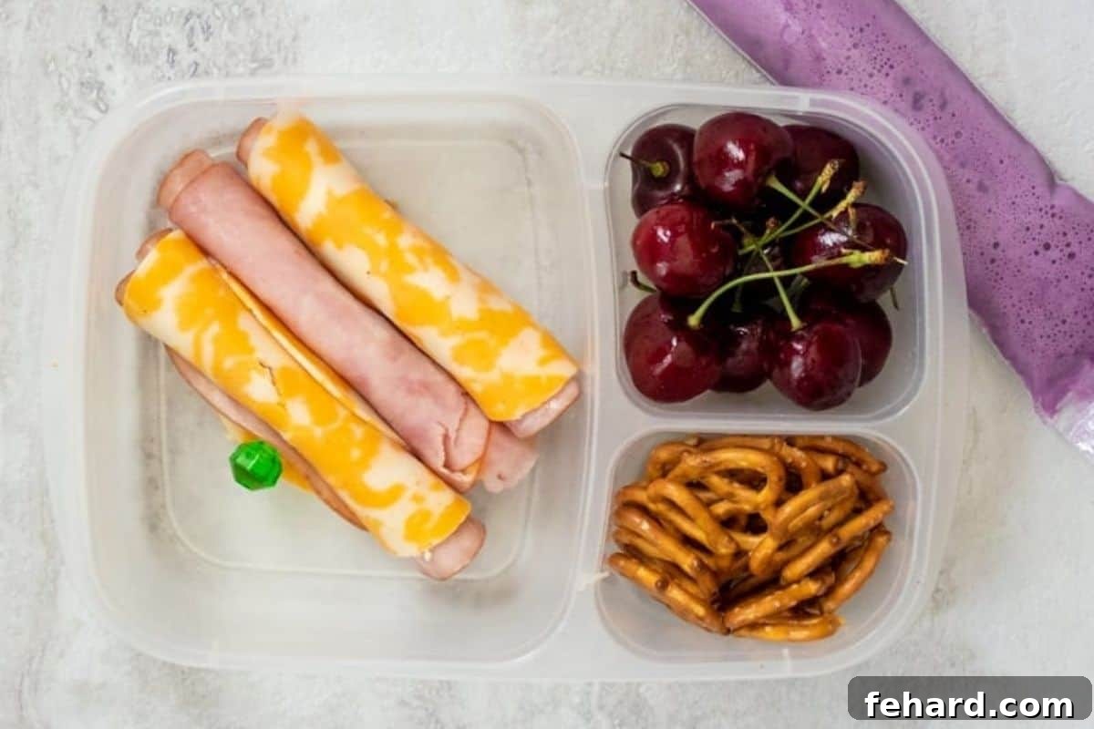 Ham and Cheese Roll-ups with pretzels, fruit, and a yogurt tube packed in bento box.