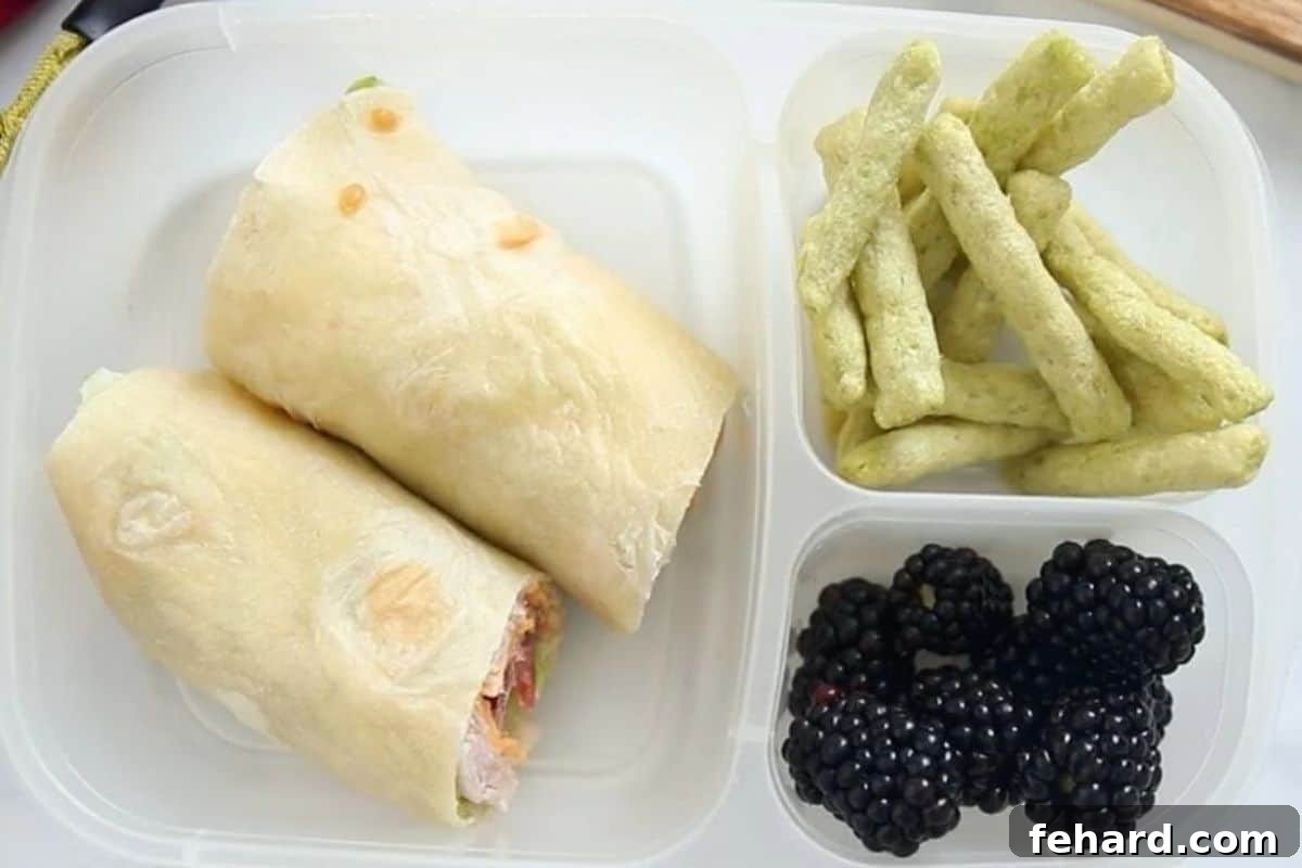 Turkey Club Wrap, blackberries, and pea crips in bento box.