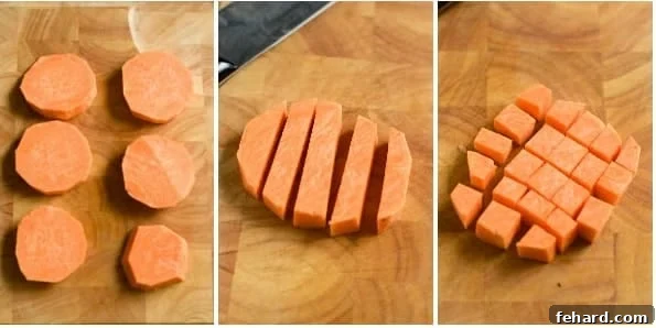 diced sweet potatoes on the wooden board