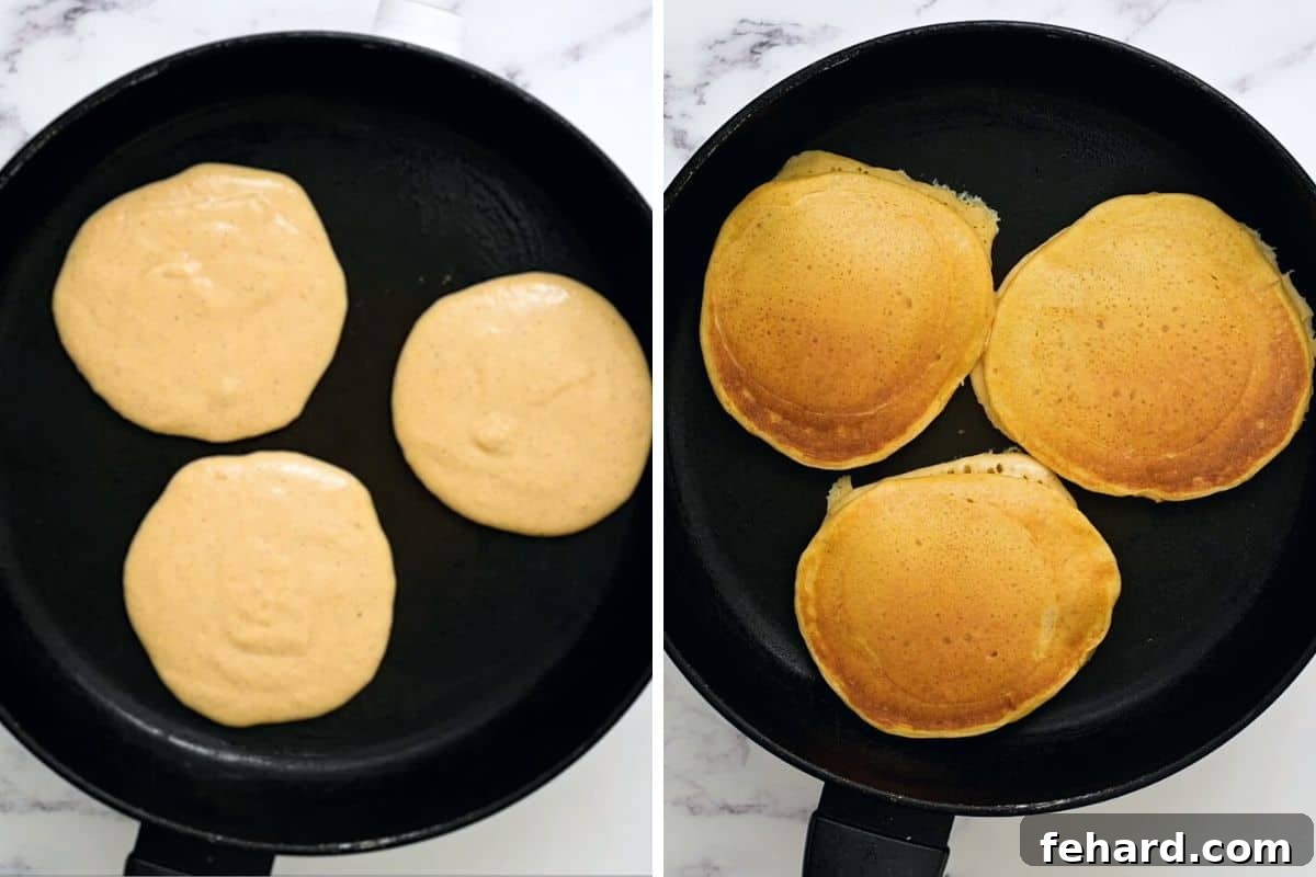 Side-by-side photo of sweet potato pancakes cooking on a griddle, showing before and after flipping.