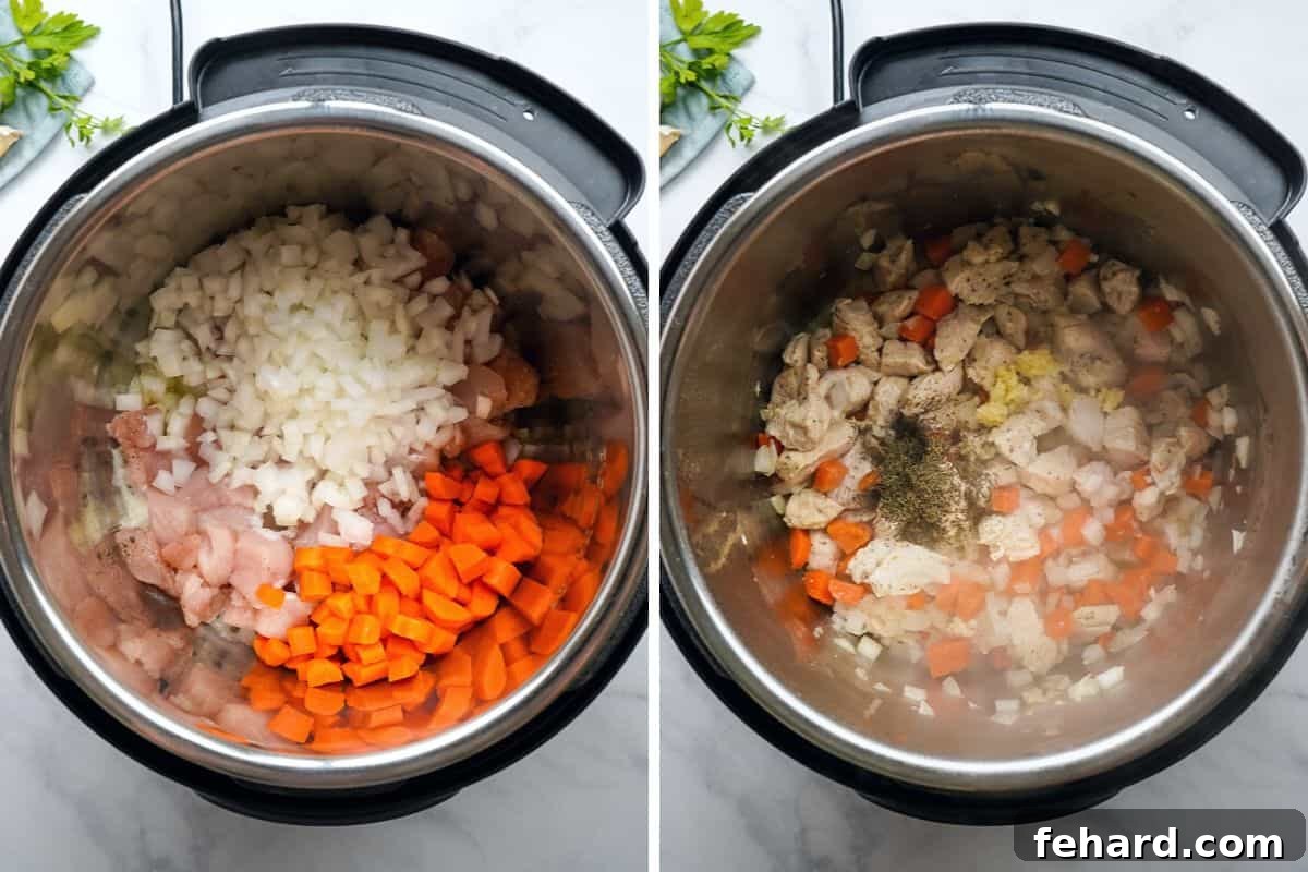 Pressure Cooker Chicken and Rice Before and after comparison of the Instant Pot inner pot, showing raw chicken and vegetables followed by perfectly sautéed chicken, onions, and carrots.