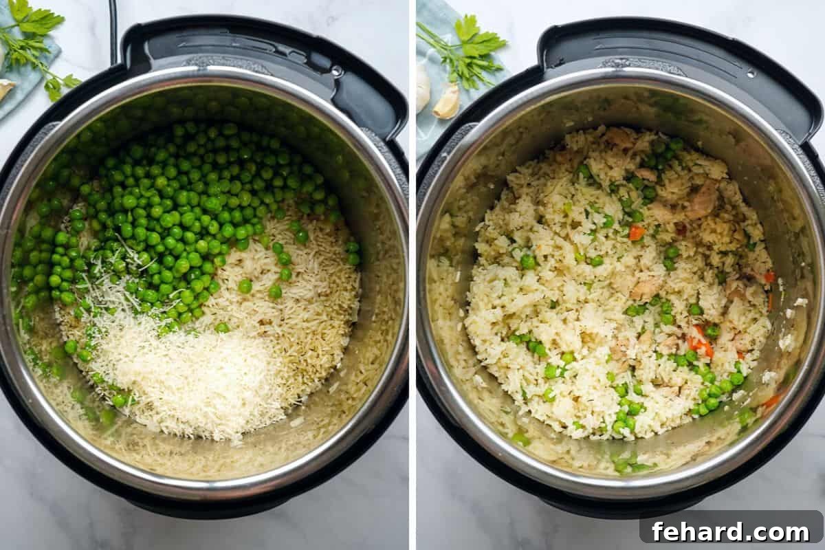 Chicken Rice Instant Pot Side-by-side view of the Instant Pot: before and after fluffing the chicken and rice with Parmesan cheese and green peas, showing the vibrant finished dish.