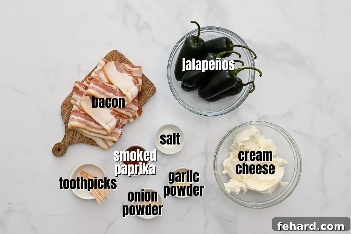 Easy Jalapeno Popper Recipe Ingredients for low-carb jalapeno poppers wrapped in bacon.