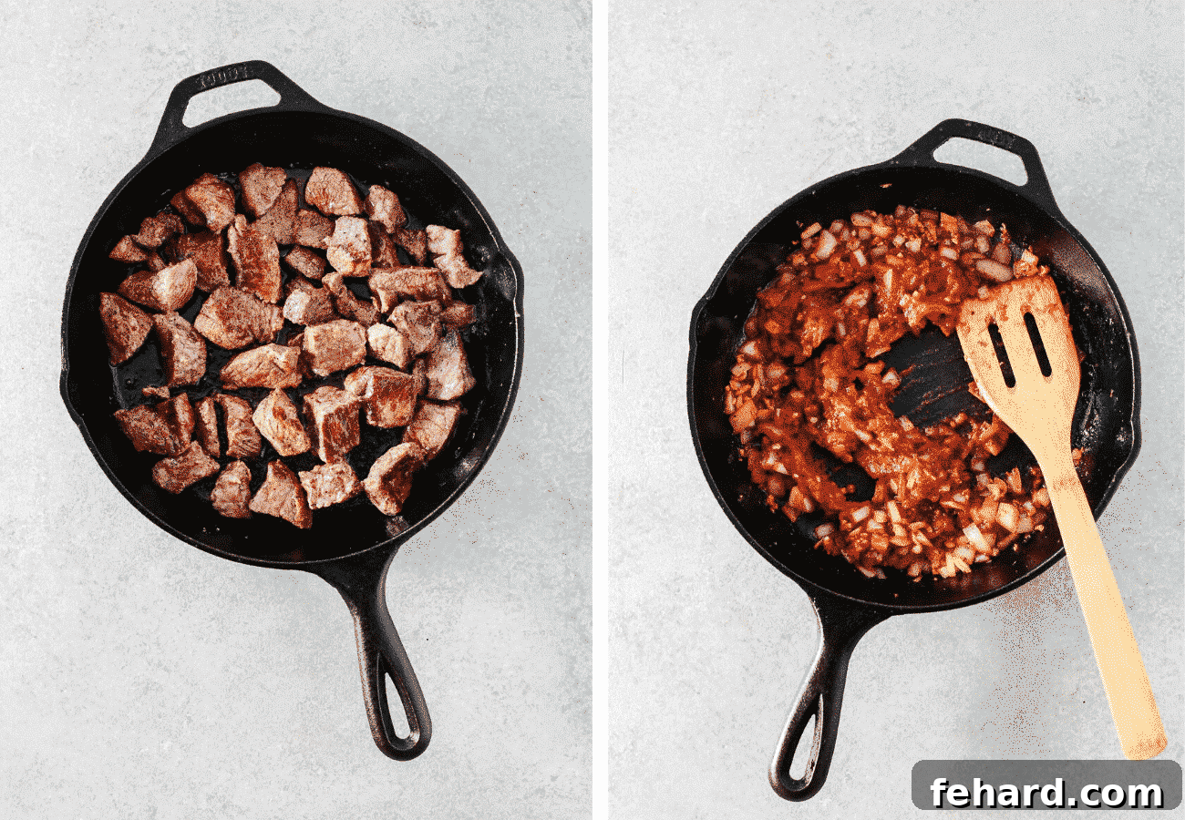 Instructional step by step photo of browning the beef for the stew and then sauting the ingredients.