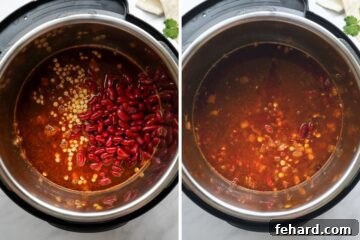 Ingredients for Vegan lentil chili before and after stirring.